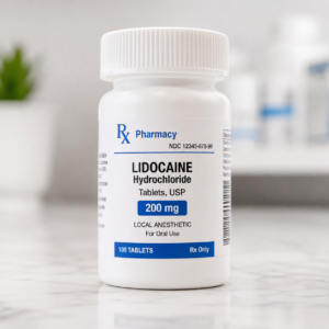 Lidocaine medication in prescription bottle for local anesthetic and pain relief