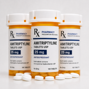 Amitriptyline prescription medication tablets bottle