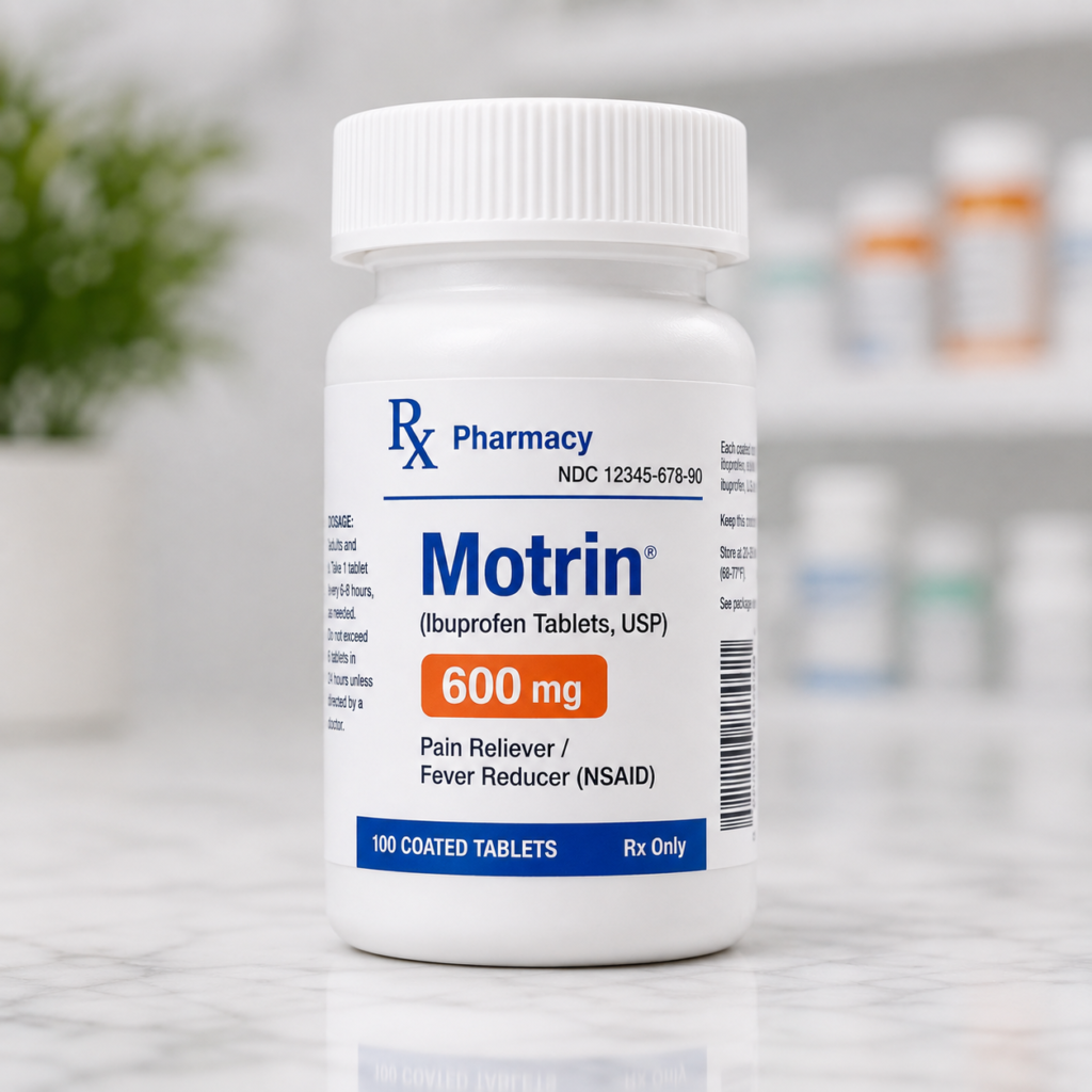Motrin ibuprofen medication bottle for pain relief and fever reduction