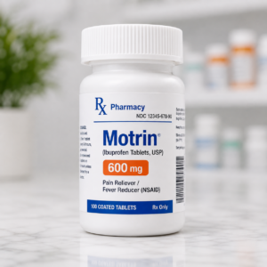 Motrin ibuprofen medication bottle for pain relief and fever reduction